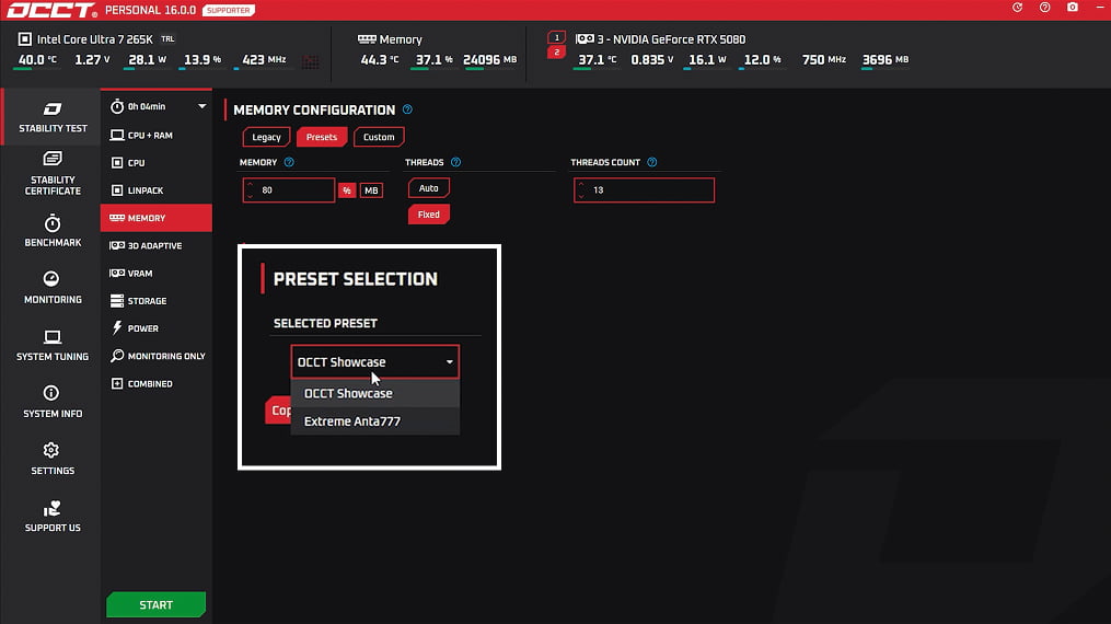 OCCT v17 Memory Test Presets